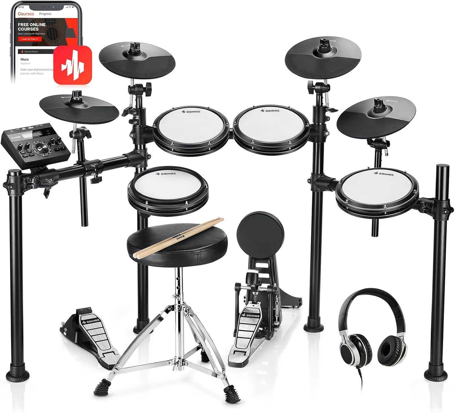 Image of the Donner DED-200X Electronic Drum Set, Electric Drum Kit with Quiet Mesh Drum Pads, 2 Cymbals w/Choke, 31 Kits and 450+ Sounds, Throne, Headphones, Sticks, USB MIDI, Melodics Lessons