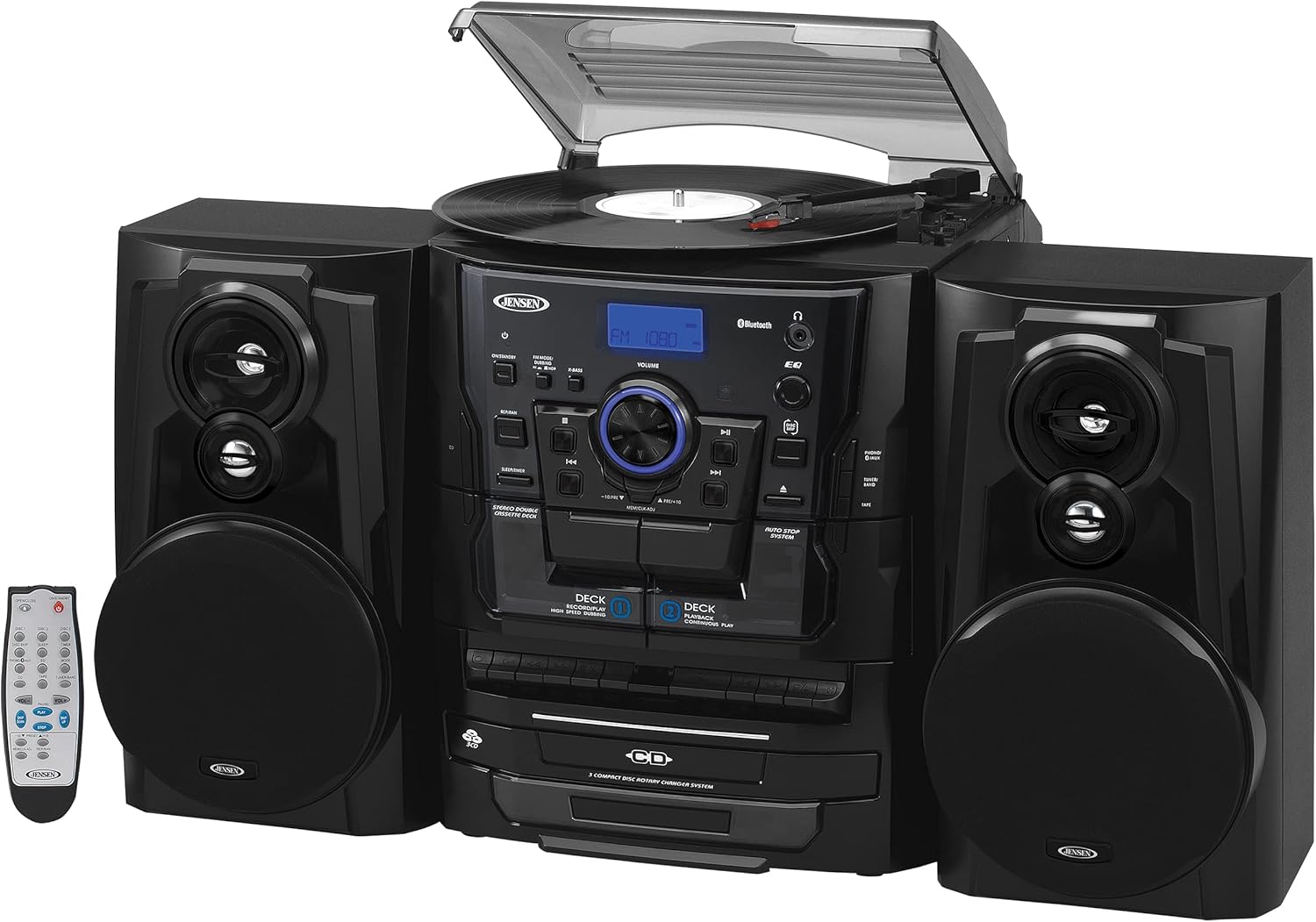 Image of the Jensen® Bluetooth® 3 Speed Stereo Turntable 3 CD Changer Music System with Dual Cassette Deck, Pitch Control and Remote Control